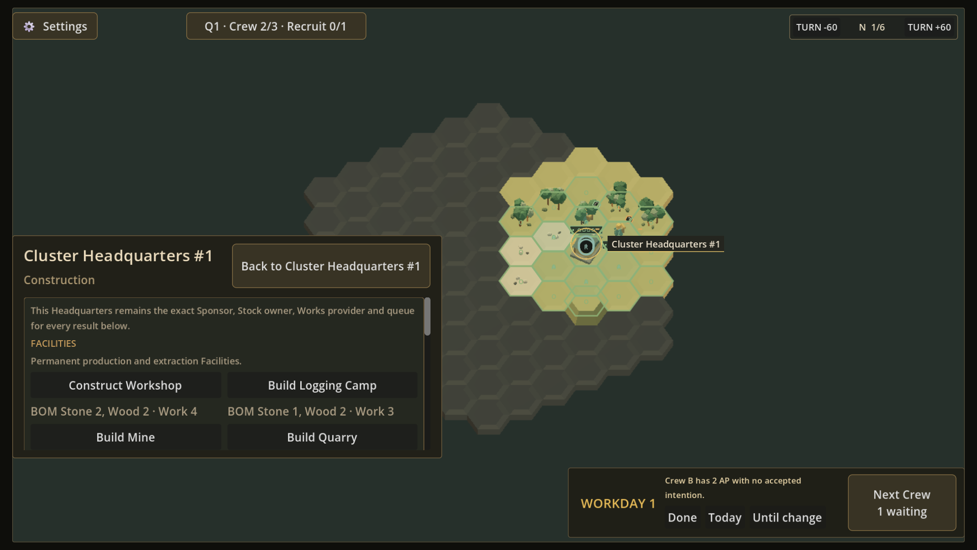 A 1920-by-1080 Frontier Logistics game screen showing a hex map on the right and the Construction panel for Cluster Headquarters #1 on the lower left. The panel states that this Headquarters owns the sponsor, Stock, Works and queue responsibilities and lists Workshop, Logging Camp, Mine and Quarry choices with material and work requirements.