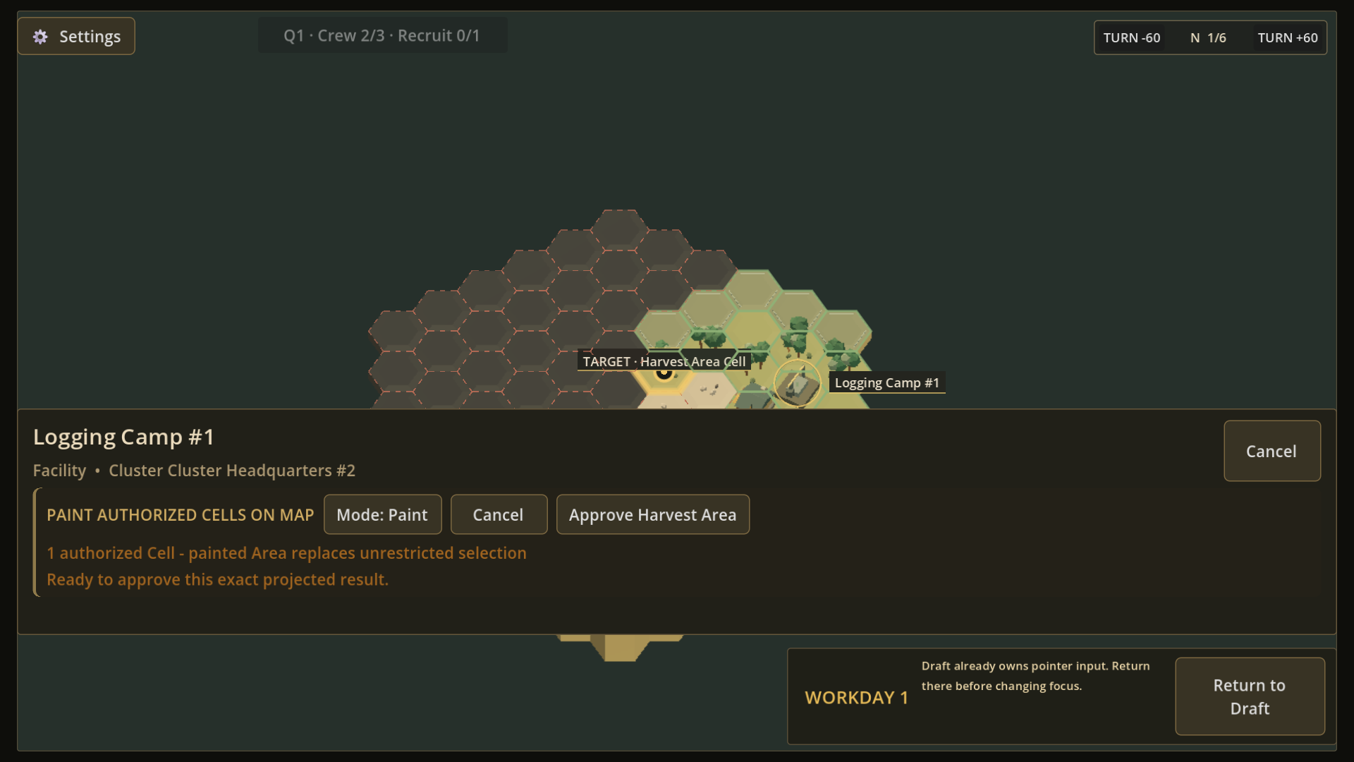 An earlier Frontier Logistics build showing one painted Harvest Area Cell beside a Logging Camp