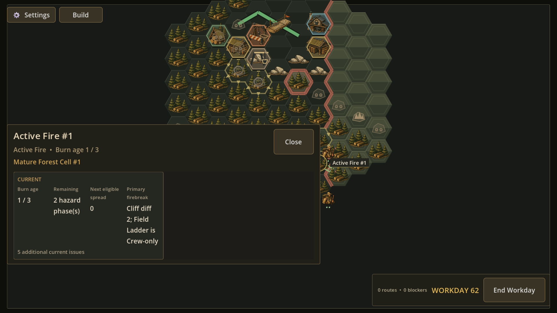 A 1920-by-1080 Frontier Logistics prototype game screen with a hex world map, Forest Cells, buildings and a cliff boundary. A selected panel for Active Fire number one shows burn age one of three, two hazard phases remaining and a cliff with elevation difference two as the primary firebreak.