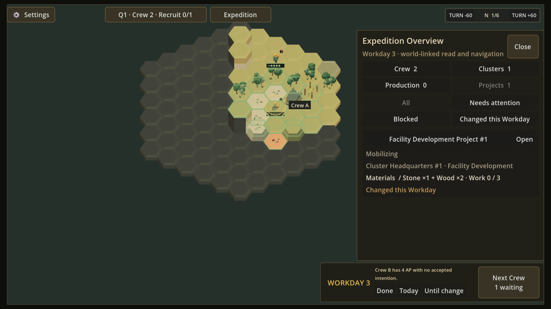 A world map beside the Expedition Overview Projects view, with a Facility Development Project row showing its owner, stage, material, and work progress